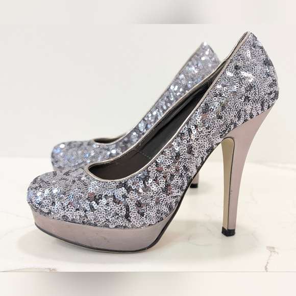 Osebaye Shoes - Silver sequin platform high heel pumps womens 7.5 glitter sparkly party Shoes